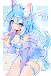 Rule 34 | 1girl, absurdres, ahoge, animal ear fluff, animal ears, arm between legs, bare shoulders, beach, bikini, bikini under clothes, blue bikini, blue eyes, blue hair, blue sky, blush, border, breasts, cat ears, cat girl, cat tail, cleavage, cloud, cowboy shot, dot nose, eating, food, hair between eyes, hair ornament, heterochromia, highres, holding, holding food, holding popsicle, legs apart, long sleeves, looking at viewer, ocean, off shoulder, original, outside border, pink eyes, pleated skirt, popsicle, sand, see-through, see-through shirt, short hair, sidelocks, skindentation, skirt, sky, small breasts, solo, swimsuit, tail, thick thighs, thigh strap, thighs, uenomigi, white border, white skirt, x hair ornament