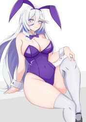 Rule 34 | absurdres, animal ears, blue eyes, bow, bowtie, breasts, detached collar, feet out of frame, hair between eyes, hare (honkai impact), highres, honkai (series), honkai impact 3rd, large breasts, leotard, long hair, looking at viewer, nobu teio, playboy bunny, purple bow, purple bowtie, purple leotard, rabbit ears, simple background, sitting, strapless, strapless leotard, thighhighs, white background, white hair, white thighhighs, wrist cuffs