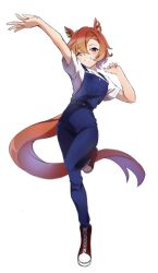 Rule 34 | 1girl, ;), alternate costume, animal ears, arm up, blue overalls, casual, commission, full body, hair between eyes, highres, horse ears, horse girl, leg up, looking at viewer, mochiyukimi21, one eye closed, orange hair, overalls, purple eyes, red footwear, shirt, short hair, simple background, smile, solo, t-shirt, t.m. opera o (umamusume), umamusume, white background, white shirt
