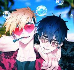 Rule 34 | 2boys, black hair, black shirt, blonde hair, bubble, collarbone, collared shirt, day, earrings, facial hair, gaeha is, heart, heart-shaped eyewear, highres, jewelry, looking at viewer, male focus, mouth hold, multiple boys, nicholas d. wolfwood, open mouth, outdoors, red shirt, scar, scar on chest, shirt, short sleeves, single earring, smile, stubble, sunglasses, teeth hold, trigun, trigun stampede, undercut, upper body, vash the stampede, watch, wristwatch