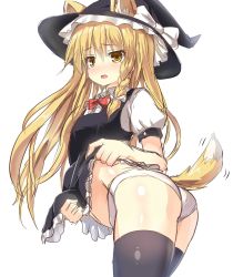 Rule 34 | 1girl, adapted costume, alternate costume, animal ears, ass, black hat, black thighhighs, blonde hair, blush, bow, bowtie, braid, clothes lift, colorized, commentary, cowboy shot, dress, dress lift, ears through headwear, fox ears, fox tail, frilled hat, frills, from side, greatmosu, hair between eyes, hair bow, hair ornament, hat, hat bow, hat ribbon, highres, kemonomimi mode, kirisame marisa, lifted by self, long hair, looking at viewer, motion lines, nose blush, open mouth, panties, puffy sleeves, red bow, red bowtie, ribbon, short sleeves, side braid, sidelocks, simple background, single braid, sketch, solo, tail, tail wagging, thighhighs, touhou, underwear, white background, white bow, witch hat, yellow eyes