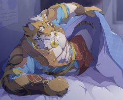 Rule 34 | 1boy, animal ears, bara, beckoning, blanket, blue eyes, come hither, feet out of frame, furry, furry male, highres, kanato (sakehabera), large pectorals, lin hu (nekojishi), looking at viewer, male focus, muscular, muscular male, nekojishi, pectoral cleavage, pectorals, seductive smile, short hair, smile, solo, tiger boy, tiger ears, tiger stripes