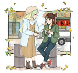 Rule 34 | alternate costume, artist request, blush, brown hair, cloud, cloudy sky, couple, diana cavendish, dress, closed eyes, food, food stand, green jacket, happy, jacket, kagari atsuko, leaf, little witch academia, long hair, multicolored hair, red eyes, shirt, shoes, sky, smile, sneakers, tree, vending cart, white shirt, yuri
