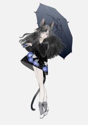 Rule 34 | 1girl, animal ear fluff, animal ears, black dress, black hair, black nails, bobby socks, cat ears, cat girl, cat tail, commentary request, dress, finger to mouth, floral print, full body, grey eyes, grey socks, holding, holding umbrella, legs together, long hair, long sleeves, looking at viewer, nail polish, nekosuke (oxo), original, pinky out, print dress, puffy long sleeves, puffy sleeves, shoes, short dress, simple background, socks, solo, standing, tail, umbrella, white background, white footwear
