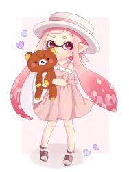 Rule 34 | 1girl, blunt bangs, blush stickers, brown footwear, child, closed mouth, clothing cutout, commentary, dress, frilled dress, frills, hat, heart, highres, holding, holding stuffed toy, inkling, inkling girl, inkling player character, iroha (mimi0618xx), long hair, looking at viewer, mask, medium dress, nintendo, outside border, pink background, pink dress, pink hair, pointy ears, porkpie hat, purple eyes, rilakkuma, sandals, shadow, shoulder cutout, solo, standing, stuffed animal, stuffed toy, teddy bear, tentacle hair, white hat