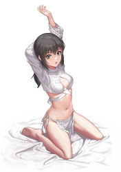 Rule 34 | 1girl, :o, arm behind head, arms up, barefoot, bed sheet, black eyes, black hair, breasts, cleavage, commentary request, crop top, evolved virgin killer sweater, full body, groin, hair between eyes, highres, loincloth, long hair, long sleeves, looking at viewer, low ponytail, medium breasts, meme attire, midriff, navel, open mouth, original, pelvic curtain, revealing clothes, ribbed sweater, shadow, sidelocks, simple background, sitting, solo, sweater, turtleneck, turtleneck sweater, wariza, white background, white sweater, yan (situyan0303)
