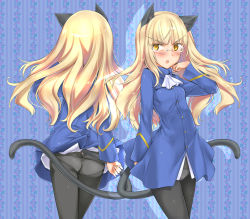 Rule 34 | 1girl, animal ears, aohashi ame, ass, black pantyhose, blonde hair, blue background, buttons, cat ears, cat tail, from behind, highres, long hair, long sleeves, looking at viewer, military, military uniform, multiple views, no pants, panties, panties under pantyhose, pantyhose, perrine h. clostermann, strike witches, tail, underwear, uniform, world witches series, yellow eyes
