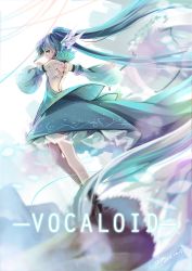 Rule 34 | 10s, 1girl, 2014, aqua eyes, aqua hair, artist name, bad id, bad pixiv id, copyright name, dated, detached sleeves, dress, floating hair, hatsune miku, highres, long hair, looking back, outstretched arm, solo, tattoo, twintails, very long hair, vilor, vocaloid