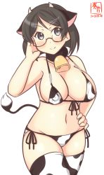 Rule 34 | 1girl, alternate costume, animal ears, animal print, artist logo, bell, bikini, black eyes, black hair, breasts, commentary request, covered erect nipples, cow ears, cow horns, cow print, cow tail, cowbell, cowboy shot, dated, fake animal ears, fake horns, front-tie top, glasses, groin, hairband, hand on own hip, horns, kanon (kurogane knights), kantai collection, kirishima (kancolle), large breasts, micro bikini, short hair, side-tie bikini bottom, simple background, smile, solo, swimsuit, tail, thighhighs, white background, white bikini, white thighhighs