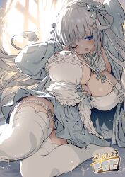 Rule 34 | 1girl, angel wings, bedroom, blue cardigan, blue eyes, blush, braid, breasts, cardigan, cleavage, collar, commission, crown braid, dated, detached wings, fbc, frilled collar, frills, hair ornament, hair ribbon, hair rings, hairclip, huge breasts, indie virtual youtuber, long hair, looking at viewer, making-of available, mini wings, neck ribbon, on bed, one eye closed, open mouth, pearl hair ornament, ribbon, shiroha nemu, signature, skeb commission, solo, star (symbol), star hair ornament, thick thighs, thigh strap, thighhighs, thighs, underboob, virtual youtuber, waking up, white thighhighs, window, wings, zettai ryouiki
