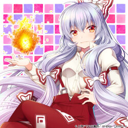 Rule 34 | album cover, bow, buttons, check commentary, collared shirt, commentary, commentary request, cover, crossed legs, cube, fire, fujiwara no mokou, hair bow, hand on own hip, hime cut, long hair, long sleeves, official art, ofuda, ofuda on clothes, orange eyes, pants, red pants, sakura tsubame, shirt, sidelocks, sitting, sleeve garter, smirk, suspenders, touhou, touhou cannonball, very long hair, white bow, white hair, white shirt