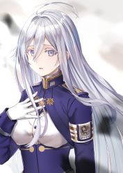 Rule 34 | 1girl, 86 -eightysix-, blue jacket, blue skirt, breasts, gakuon (gakuto), gloves, grey eyes, grey hair, hair behind ear, hair between eyes, hand on own hip, hand on own chest, high-waist skirt, jacket, long hair, looking at viewer, medium breasts, military, military uniform, open mouth, skirt, solo, uniform, very long hair, vladilena millize, white gloves
