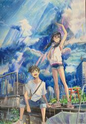 Rule 34 | 1boy, 1girl, absurdres, amano hina (tenki no ko), armpits, artist name, blue eyes, blue hair, blue shorts, brown eyes, cityscape, closed mouth, cloud, cloudy sky, collarbone, colored pencil (medium), commentary, commentary request, dated, day, denim, derivative work, english commentary, floating hair, full body, hand in pocket, highres, hood, hood down, hoodie, korean commentary, long hair, low twintails, lower teeth only, making-of available, mixed-language commentary, morishima hodaka (tenki no ko), open mouth, outdoors, p.art, rain, real world location, shibuya (tokyo), shinjuku (tokyo), short sleeves, shorts, shrine, sitting, sky, sleeveless, sleeveless hoodie, standing, sunlight, teeth, tenki no ko, tokyo (city), torii, traditional media, twintails, white hoodie, white shrit, yoyogi