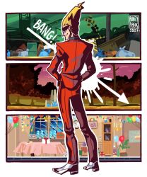 Rule 34 | 1boy, blonde hair, formal, from behind, ghost trick, hands in pockets, highres, male focus, pants, pointy nose, red pants, red suit, sissel (ghost trick), solo, solo focus, suit, sunglasses, white footwear
