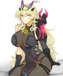 Rule 34 | 1girl, armor, bare shoulders, black dress, black gloves, blonde hair, breasts, brown pantyhose, chain, dress, earrings, elbow gloves, barghest (fate), barghest (second ascension) (fate), fate/grand order, fate (series), gauntlets, gloves, green eyes, heterochromia, highres, horns, jewelry, large breasts, long hair, looking at viewer, meribe, necklace, pantyhose, pauldrons, pelvic curtain, red eyes, shoulder armor, sideboob, single gauntlet, single pauldron, sitting, solo, thighs