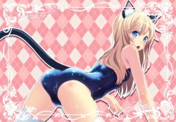 Rule 34 | 1girl, amamiya minato, animal ears, argyle, argyle background, argyle clothes, bad id, bad pixiv id, bare shoulders, blonde hair, blush, cat ears, cat tail, long hair, one-piece swimsuit, open mouth, original, outline, school swimsuit, solo, swimsuit, tail, thighhighs, wet, white thighhighs