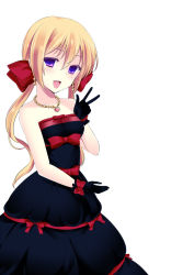 Rule 34 | 1girl, agekichi (heart shape), bad id, bad pixiv id, bare shoulders, blonde hair, blush, dress, earrings, empty eyes, female focus, gloves, hair ribbon, heart, jewelry, kuu (agekichi), long hair, looking at viewer, necklace, open mouth, original, purple eyes, ribbon, simple background, smile, solo, strapless, strapless dress, twintails, v, white background