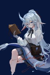 Rule 34 | 1girl, animal ears, animal hands, black skirt, blue background, blue eyes, book, breasts, brown bag, center frills, commission, copyright request, frills, glasses, highres, holding, holding book, horns, large breasts, lizard tail, long hair, medium breasts, pleated skirt, ponytail, reptile girl, scales, shirt, single horn, skirt, solo, tail, thank you, twitter username, white shirt, xsilentred