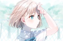 Rule 34 | 1girl, arm up, blue eyes, blue ribbon, blurry, blurry background, brown hair, chain-link fence, collared shirt, commentary request, day, depth of field, fence, highres, looking away, misumi (macaroni), neck ribbon, original, outdoors, parted lips, ribbon, shirt, short sleeves, solo, upper body, white shirt