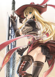 Rule 34 | 1girl, :o, alternate color, aqua eyes, arm up, armor, ass, back, belt, black thighhighs, blonde hair, bow, capcom, checkered clothes, checkered legwear, crop top, elbow gloves, female focus, from behind, gloves, gradient background, hat, huge weapon, lien (armor), long hair, looking at viewer, looking back, midriff, monster hunter, monster hunter (series), monster hunter frontier, no panties, open mouth, panties, pleated skirt, rian, ribbon, shiny skin, skirt, solo, standing, surprised, sword, thighhighs, thighs, thomasz, underwear, upskirt, very long hair, weapon, wind, zettai ryouiki