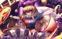 Rule 34 | 1girl, absurdres, american flag dress, arms up, artist name, blonde hair, blue dress, breasts, closed mouth, clownpiece, dress, eyes visible through hair, fire, frills, hair between eyes, hands up, hat, highres, holding, holding torch, jester cap, long hair, looking at viewer, medium breasts, multicolored clothes, multicolored dress, neck ruff, no wings, polka dot, purple background, purple hat, purple theme, red dress, red eyes, short sleeves, smile, solo, star (symbol), star print, striped clothes, striped dress, top-exerou, torch, touhou, white dress
