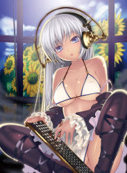 Rule 34 | 1girl, ankle lace-up, bikini, black thighhighs, blue eyes, breasts, cameltoe, cleavage, coffee cat, cross-laced footwear, detached sleeves, flower, frills, grey eyes, grey hair, headphones, headset, instrument, keyboard, keyboard (instrument), lace, lace-trimmed legwear, lace trim, long hair, open mouth, partially visible vulva, pen, pencil, sitting, sky, solo, steampunk, strap, string bikini, sunflower, sweat, swimsuit, thighhighs, underboob, window