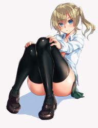 Rule 34 | 1girl, black thighhighs, blonde hair, blue eyes, blush, grey background, hands on own knees, highres, keita (tundereyuina), loafers, looking at viewer, open clothes, open shirt, original, shirt, shoes, short hair, side ponytail, simple background, sitting, skirt, solo, thighhighs