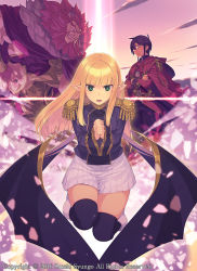 Rule 34 | 1girl, 2boys, bat wings, blonde hair, broken glass, crossed arms, epaulettes, glass, glasses, green eyes, hime cut, konjiki no moji tsukai, long sleeves, looking at viewer, military, military uniform, multiple boys, official art, original, over-kneehighs, own hands clasped, own hands together, parted lips, pleated skirt, pointy ears, skirt, sumaki shungo, thighhighs, uniform, white skirt, wings