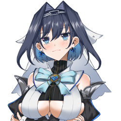 Rule 34 | 1girl, puff of air, blue eyes, blue hair, bow, bow earrings, breasts, cleavage cutout, clothing cutout, crossed arms, detached sleeves, earrings, hair intakes, hair ribbon, heart-shaped gem, highres, hololive, hololive english, jewelry, large breasts, multicolored eyes, ouro kronii, ouro kronii (1st costume), persocon93, ribbon, ribbon earrings, simple background, solo, underboob, underboob cutout, upper body, virtual youtuber, white background, zipper, zipper pull tab