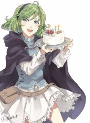 Rule 34 | 1girl, bad id, bad twitter id, blue eyes, blush, cake, cape, fire emblem, fire emblem: the blazing blade, fire emblem heroes, food, green hair, hairband, looking at viewer, nino (fire emblem), nintendo, open mouth, short hair, skirt, smile, solo