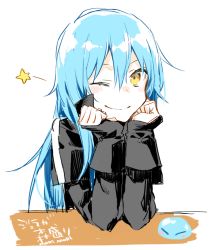 Rule 34 | 1other, androgynous, blue hair, closed mouth, hair between eyes, jacket, long hair, long sleeves, looking at viewer, mikoto kei, one eye closed, rimuru tempest, simple background, slime (creature), smile, solo, star (symbol), tensei shitara slime datta ken, very long hair, yellow eyes