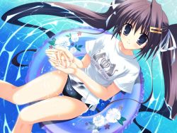Rule 34 | 1girl, afloat, black eyes, black hair, clear (visual novel), clothes writing, floating, game cg, hand scoop, innertube, long hair, mitha, no pants, non-web source, okamoto nonoka, one-piece swimsuit, school swimsuit, shirt, solo, swim ring, swimsuit, swimsuit under clothes, t-shirt, twintails