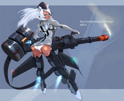 Rule 34 | 1girl, ace combat, ace combat assault horizon, ammunition chute, animal ears, arched back, asf-x shinden ii, ass, autocannon, belt-fed, bigegg, bodysuit, cannon, dark-skinned female, dark skin, exhaust, extra ears, flying, from behind, garrison cap, gatling gun, green eyes, gun, hat, highres, looking at viewer, looking back, minigun, multiple-barrel firearm, panties, peaked cap, personification, pointy ears, rotary cannon, solo, steam, underwear, weapon, white hair