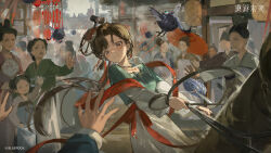 Rule 34 | 1girl, architecture, bird, black eyes, black hair, blurry, blurry foreground, blush, chinese clothes, chinese hairpin, clenched teeth, copyright name, copyright notice, day, east asian architecture, furrowed brow, green shirt, hair bun, hair ornament, hanfu, highres, holding, holding reins, horse, jewelry, jiu niangzi, lantern, layered sleeves, leaning back, logo, long hair, long sleeves, looking to the side, necklace, official art, official wallpaper, outdoors, paper lantern, people, pulling, red shawl, reins, reverse:1999, road, shawl, shirt, short over long sleeves, short sleeves, single side bun, skirt, solo focus, street, sweat, tassel, tassel hair ornament, teeth, turning head, upper body, wavy mouth, white sleeves, yellow skirt
