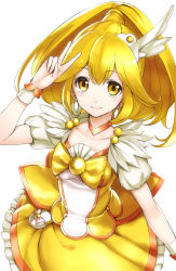 Rule 34 | 10s, 1girl, blonde hair, bow, collarbone, cure peace, dress, hair flaps, hair over shoulder, kise yayoi, long hair, looking at viewer, magical girl, precure, simple background, skirt, smile, smile precure!, solo, takemori shintarou, v, white background, wrist cuffs, yellow bow, yellow eyes, yellow skirt, yellow theme