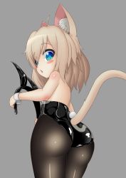 Rule 34 | 1girl, absurdres, ahoge, animal ear fluff, animal ears, artist request, ass, bare back, bare shoulders, black leotard, black pantyhose, blue eyes, blush stickers, brown hair, cat ears, cat tail, fake animal ears, from behind, grey background, highres, kittysuit, latex, latex leotard, leotard, looking at viewer, looking back, nontraditional playboy bunny, open mouth, original, pantyhose, rabbit ears, shiny clothes, short hair, simple background, solo, strapless, strapless leotard, tail, thighs, wrist cuffs