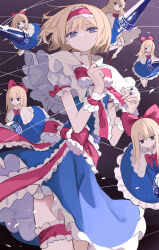 Rule 34 | 1girl, :/, absurdres, alice margatroid, blonde hair, blue eyes, bow, bowtie, capelet, closed mouth, cowboy shot, dress, expressionless, floating hair, floral print, frilled capelet, frilled hairband, frilled ribbon, frills, gradient background, grey background, hair bow, hairband, hands up, highres, jewelry, lance, lolita hairband, long hair, looking at viewer, petticoat, polearm, puppet rings, puppet strings, putchi (kinokonokami), red bow, red bowtie, ribbon, ring, shanghai doll, short hair, thigh strap, touhou, weapon