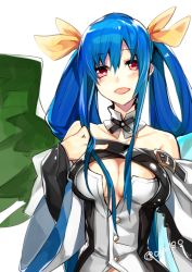 Rule 34 | 1girl, :d, bad id, bad pixiv id, blue hair, bow, breasts, cleavage, detached collar, dizzy (guilty gear), guilty gear, guilty gear xrd, guilty gear xrd: revelator, hair bow, hair rings, hyakuhachi (over3), long hair, looking at viewer, open mouth, red eyes, smile, solo, twitter username, upper body, white background, wings, yellow bow