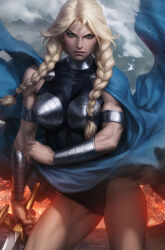 Rule 34 | 1girl, armlet, blonde hair, blue cape, blue eyes, braid, breasts, brunnhilde (marvel), cape, chest armor, closed mouth, gauntlets, hair between eyes, highres, holding, holding sword, holding weapon, large breasts, long hair, looking at viewer, marvel, muscular, muscular female, realistic, signature, stanley lau, sword, twin braids, weapon, wind