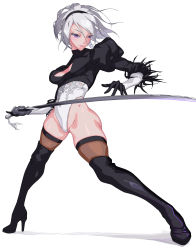 Rule 34 | 1girl, alternate eye color, bad id, bad pixiv id, black gloves, black hairband, boots, cleavage cutout, closed mouth, clothing cutout, commentary request, expressionless, feather-trimmed sleeves, full body, gloves, groin, hairband, high heel boots, high heels, highleg, highleg leotard, highres, holding, holding sword, holding weapon, juliet sleeves, leather, leather boots, legs apart, leotard, long hair, long sleeves, looking down, moke-re-mubenbe, nier (series), nier:automata, no blindfold, puffy sleeves, purple eyes, silver hair, simple background, solo, standing, sword, thigh boots, thighhighs, thighs, turtleneck, vambraces, virtuous contract, weapon, white background, 2b (nier:automata)