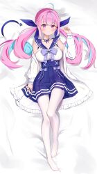 Rule 34 | 1girl, absurdres, ahoge, anchor symbol, blue hairband, blue nails, blue ribbon, blush, bow, breasts, colored inner hair, frilled sailor collar, frills, hairband, highres, hololive, jacket, large breasts, looking at viewer, minato aqua, minato aqua (sailor), multicolored hair, official alternate costume, on bed, pantyhose, pink eyes, ribbon, sailor collar, smile, twintails, two-tone hair, virtual youtuber, white jacket, white pantyhose, zero ichi 3710