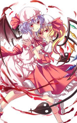 Rule 34 | 2girls, bat wings, blonde hair, bobby socks, closed mouth, crystal, flandre scarlet, hair between eyes, hat, hat ribbon, highres, laevatein, light purple hair, looking at viewer, mary janes, mob cap, multiple girls, nga (ray ray), parted lips, puffy short sleeves, puffy sleeves, red eyes, red ribbon, remilia scarlet, ribbon, shoes, short sleeves, siblings, side ponytail, simple background, sisters, skirt, skirt set, smile, socks, touhou, white background, wings, wrist cuffs
