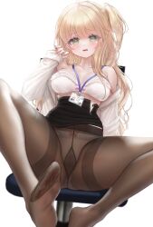 Rule 34 | 1girl, absurdres, black pantyhose, black skirt, blonde hair, blush, bra, breasts, cameltoe, chair, commentary, feet, foot out of frame, frilled bra, frills, green eyes, gusset, hand up, highres, id card, lanyard, long hair, looking at viewer, medium breasts, na1tsu2me3, no shoes, one side up, open clothes, open shirt, original, panties, panties under pantyhose, pantyhose, parted lips, shirt, shirt partially removed, sidelocks, simple background, sitting, skirt, sleeves past wrists, solo, spread legs, symbol-only commentary, tearing up, thighband pantyhose, thighs, underwear, white background, white bra, white panties, white shirt, zipper
