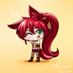 Rule 34 | 1girl, animal ears, artist name, bare shoulders, chibi, commentary, english commentary, full body, green eyes, hair between eyes, highres, long hair, looking at viewer, miniskirt, navel, one eye closed, ponytail, pyrrha nikos, red hair, rwby, skirt, solo, standing, tail, tongue, tongue out, twitter username, vilde loh hocen, watermark, wolf ears, wolf girl, wolf tail