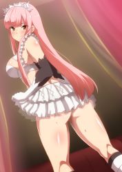 Rule 34 | 1girl, ass, bare shoulders, blush, boots, bra, breasts, closed mouth, clothes lift, crop top, elbow gloves, fate/grand order, fate (series), gloves, hara (harayutaka), highres, knee boots, large breasts, long hair, looking at viewer, looking back, medb (fate), pink hair, skirt, skirt lift, smile, sweat, thighs, tiara, underwear, white bra, white footwear, white gloves, white skirt, yellow eyes