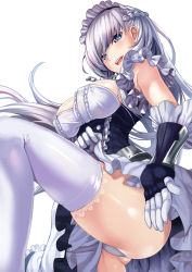Rule 34 | 1girl, :d, ass, azur lane, belfast (azur lane), blue eyes, blush, breasts, chain, dress, from below, gloves, hasaya, highres, large breasts, long hair, looking at viewer, open mouth, panties, sideboob, silver hair, simple background, smile, solo, teeth, thighhighs, thighs, underwear, white background, white panties, white thighhighs