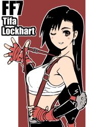 Rule 34 | 1990s (style), 1girl, bare shoulders, black hair, blush, breasts, elbow gloves, female focus, final fantasy, final fantasy vii, fingerless gloves, gloves, long hair, looking at viewer, midriff, miniskirt, red eyes, skirt, smile, solo, suspenders, tank top, tifa lockhart, wink, yamamune-z