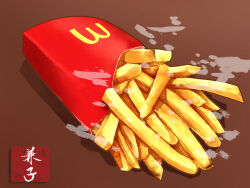 Rule 34 | brown background, fast food, food, food focus, french fries, highres, kaneko ryou, mcdonald&#039;s, no humans, original, simple background, steam, still life