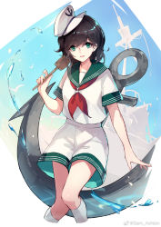 Rule 34 | 1girl, :d, anchor, anchor symbol, artist name, black hair, chinese commentary, commentary request, cropped legs, feet out of frame, green eyes, green sailor collar, hair between eyes, hand up, hat, highres, hishaku, holding, kneehighs, knees together feet apart, looking at viewer, murasa minamitsu, neckerchief, open mouth, red neckerchief, sailor collar, sailor hat, sailor shirt, sam ashton, ship, shirt, short hair, shorts, smile, socks, solo, thighs, touhou, water drop, watercraft, weibo logo, weibo watermark, white background, white hat, white shirt, white shorts, white socks