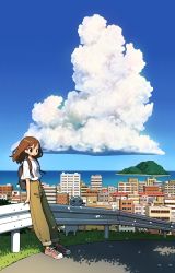 Rule 34 | 1girl, 1other, absurdres, bag, black eyes, brown hair, brown pants, cat, cityscape, cloud, cloudy sky, cumulonimbus cloud, highres, island, charm (object), long hair, original, outdoors, pants, pants rolled up, shirt, shoes, short sleeves, sky, tao (tao15102), white cat, white shirt